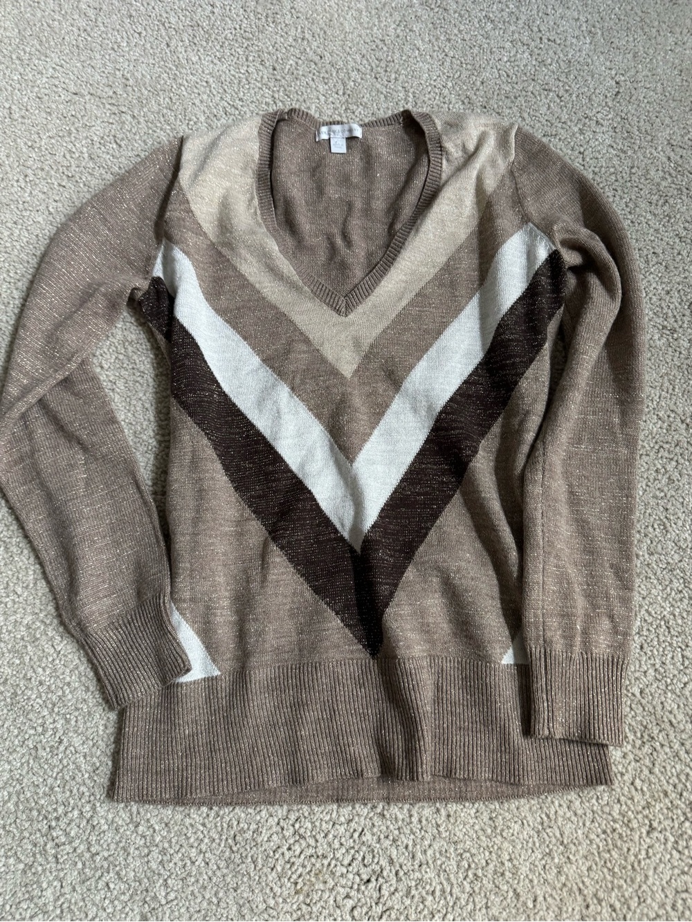 New York & Company Taupe, Cream & Brown V-Neck Chevron Sweater